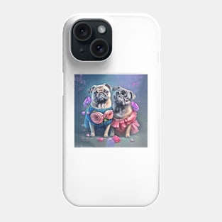 Pug Dogs in Blue and Pink Flowers Phone Case