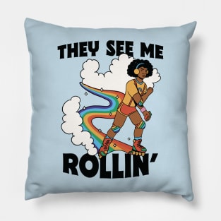 They See Me Rollin' // Funny Retro Rainbow Rollerblading Pillow