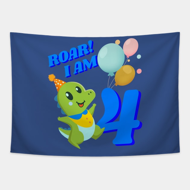 4th Birthday Child Kid Dino Dinosaur ROAR Tapestry by Little Treasures