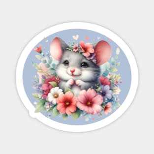 Cute Sweet Mouse Surrounded By Flowers Magnet