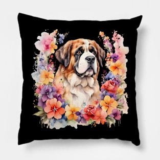 A st bernard dog decorated with beautiful watercolor flowers Pillow