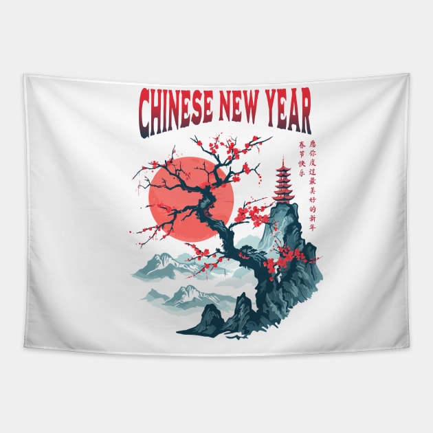 Chinese New Year Tee in Blue & Red Plum Blossom Tee Tapestry by YUED