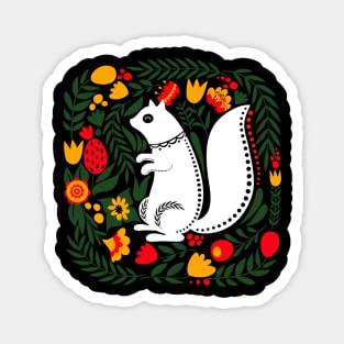 Folk Art White Squirrel with Bright Flowers and Leaves Magnet