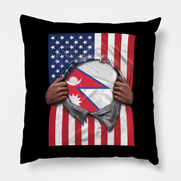 Nepal Flag American Flag Ripped - Gift for Nepalese From Nepal Pillow by Country Flags