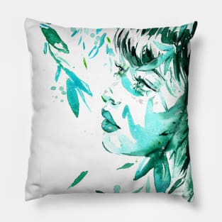 Water Leaves 8 - Watercolor Woman Portrait Pillow