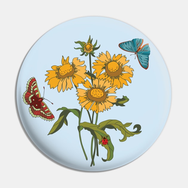 Botanical illustration  a plant with yellow flowers, a butterfly and a ladybug Pin by EEVLADA