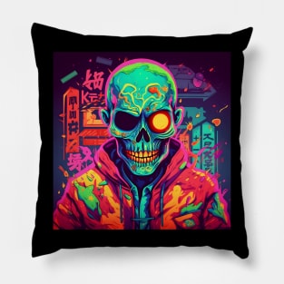 Korean Zombie man with skull in neon lights Pillow