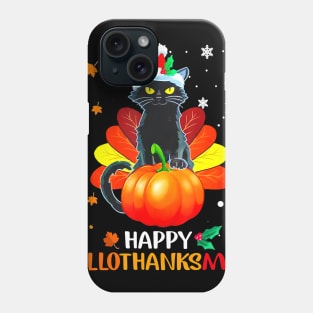 Black Cat Halloween And Merry Christmas Happy Hallothanksmas Phone Case