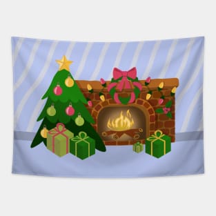 Cozy Christmas near fireplace blue back Tapestry