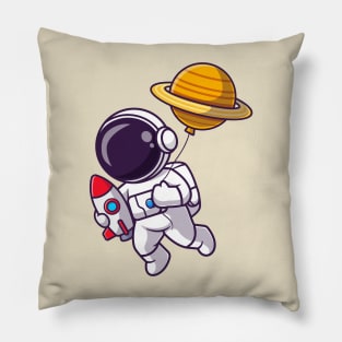 Cute Astronaut Holding Rocket With Planet Balloon Cartoon Pillow