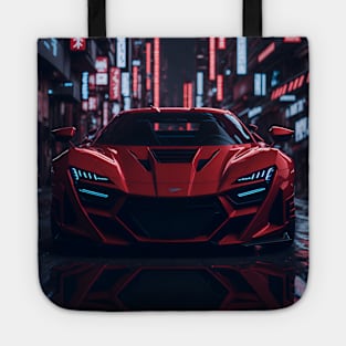 Dark Red Sports Car in Japanese Neon City Tote