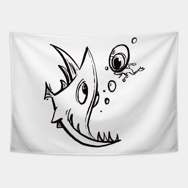 Crazy fish and frog Tapestry by Jason's Doodles