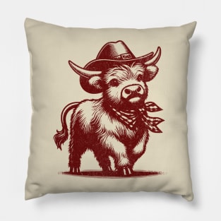 Cute Highland Cow Cowboy design in Vintage Retro Aesthetic Pillow