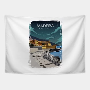 Madeira Portugal Vintage Retro Travel Poster at night Tapestry