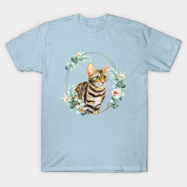 Disover Bengal Cat with Green Eyes in a Floral Gold Wreath Frame - Bengal Cat With Green Eyes Portrait - T-Shirt