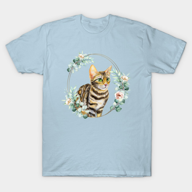 Discover Bengal Cat with Green Eyes in a Floral Gold Wreath Frame - Bengal Cat With Green Eyes Portrait - T-Shirt