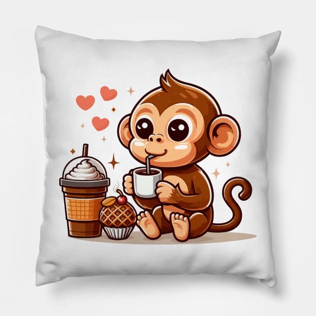 Cute Cafe Monkey Drinking Coffee Pillow by rn-eshop