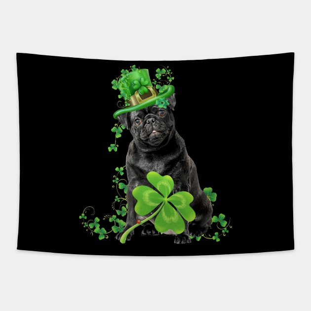 Black Pug Leprechaun Lucky Shamrock Happy St Patrick's Day Tapestry by Gearlds Leonia