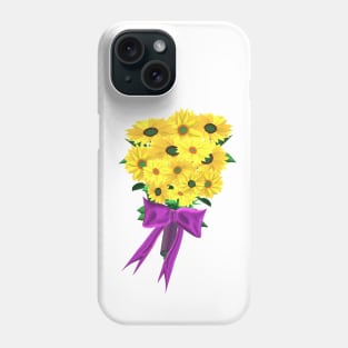 Yellow Sunflowers Bouquet with Purple Ribbon (White Background) Phone Case