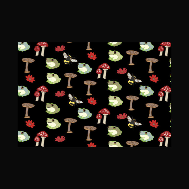 Frog and Mushroom Pattern with Black Background by courtneylgraben