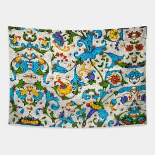 FLORENTINE RENAISSANCE FLORAL Gold Blue Flowers,Swirls,Fruits, Leaves Tapestry