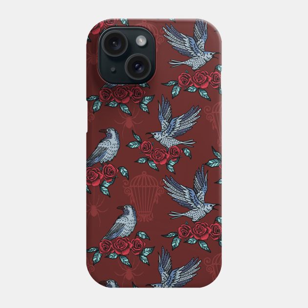 Gothic Halloween Style Ravens and Roses Phone Case by Farissa