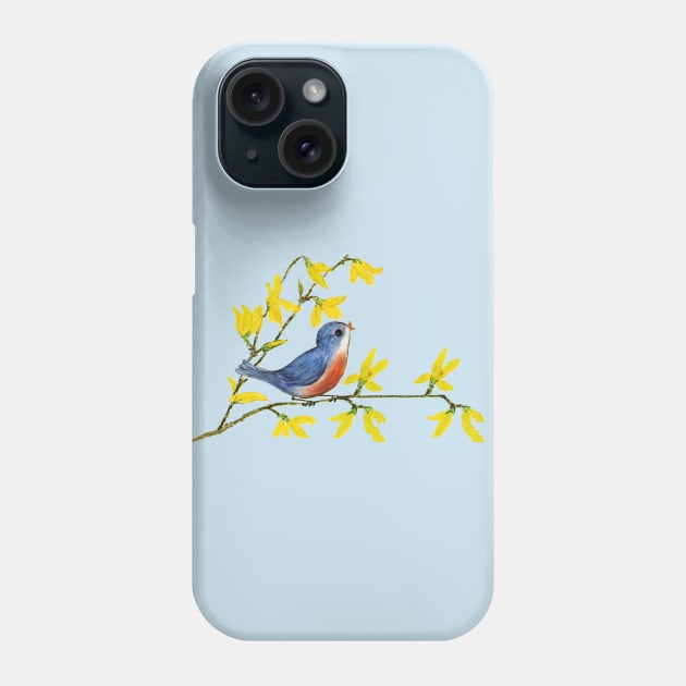 Little Bird on Branch Yellow Flowers Phone Case by DeerSpiritStudio