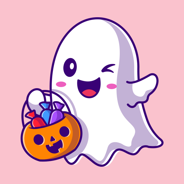 Cute Ghost Holding Candy Basket Pumpkin Cartoon by Catalyst Labs