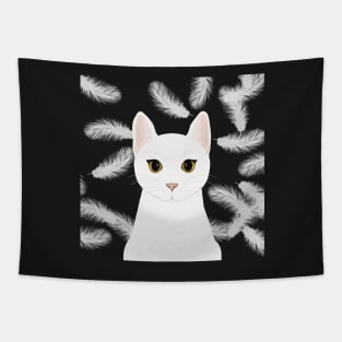 The cute white cat queen is watching you , white feathers on the black background Tapestry