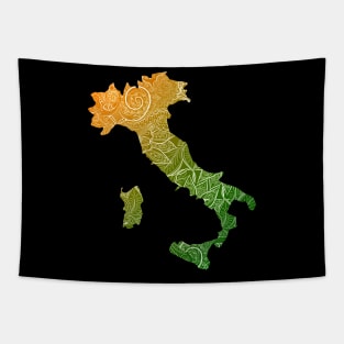 Colorful mandala art map of Italy with text in green and orange Tapestry