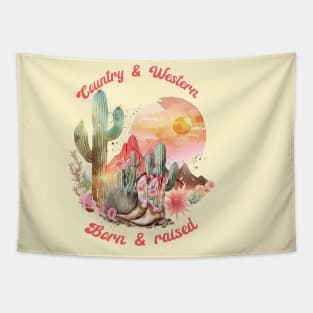 Country and western; west; country; music; cowgirl; country girl; gal; desert; landscape; vintage; retro; Nashville; cowboy; wild west; rodeo; boots; cowgirl boots; sunset; sky; born and raised; cactus; Tapestry