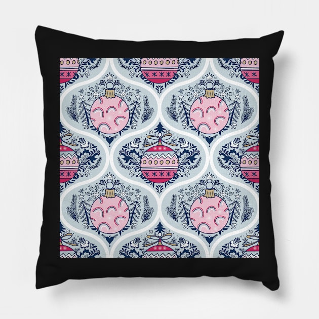 Ogee pattern with pink and blue christmas baubles Pillow by colorofmagic