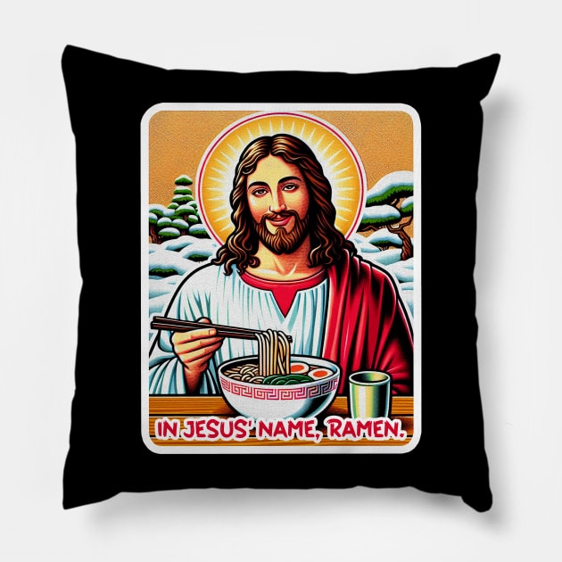 In Jesus Name Ramen Japanese Garden White Christmas Pillow by Plushism