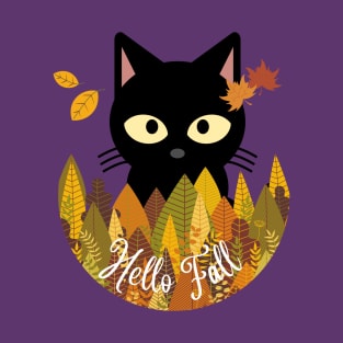 Hello fall Black Cat Autumn Fall Halloween Thanksgiving Funny T-Shirt