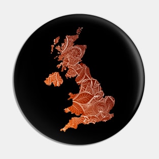 Colorful mandala art map of United Kingdom with text in brown and orange Pin