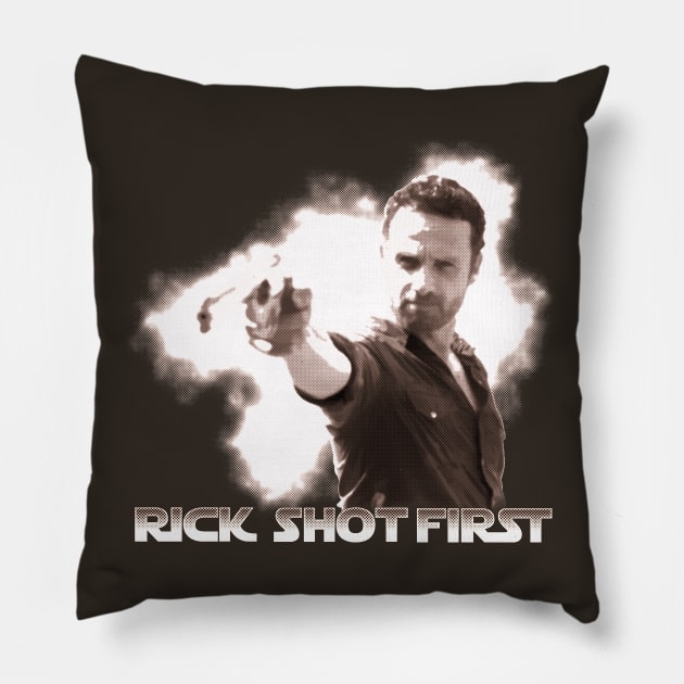 Rick Shot First Pillow by mrspaceman