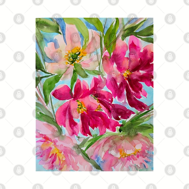 Windy Peony Watercolor Painting by SvitlanaProuty