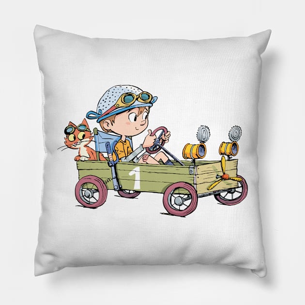 boy in a wooden cart and a cat imagines that he is in a racing car Pillow by duxpavlic