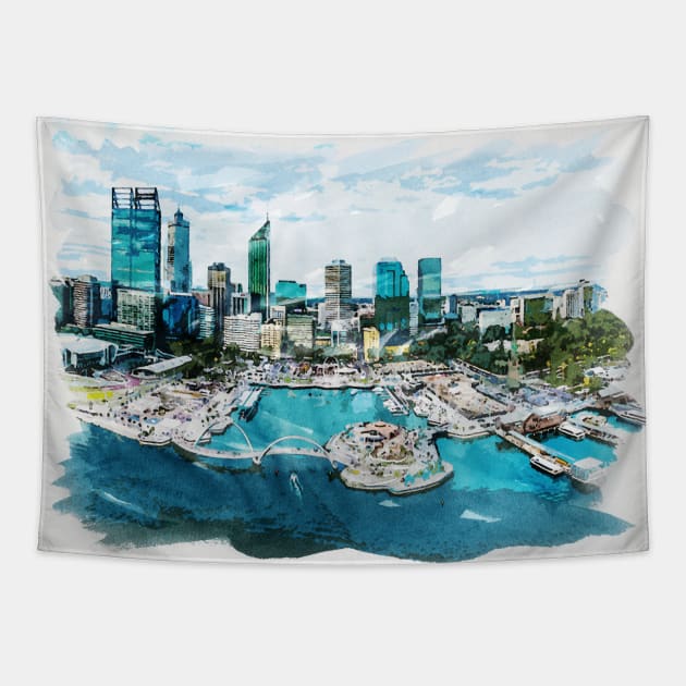 Perth Capital of Western Australia Watercolour Travel Wanderlust Souvenir Tapestry by Naumovski