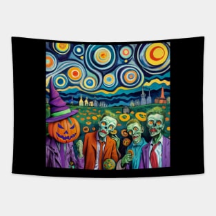 Halloween Zombies Starry Night Van Gogh Style - Spooky A.I. Art Tapestry