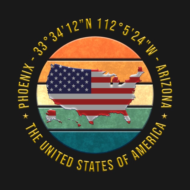 The United States Of America - Phoenix, Arizona, Geographic Coordinates, USA Map, Flag, Yellow Text by funfun