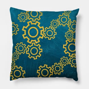 Golden gears on a beautiful blue background Pillow