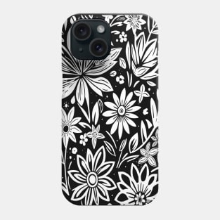 Black and White Floral Lino Print Phone Case