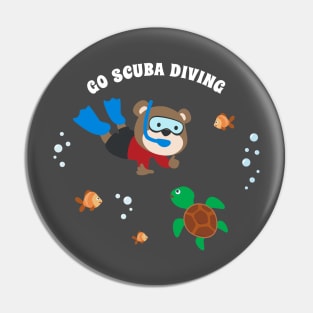 Diving with funny bear and turtle with cartoon style. Pin