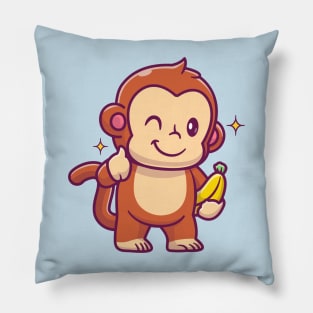 Cute Monkey Holding Banana With Thumb Up Cartoon Pillow