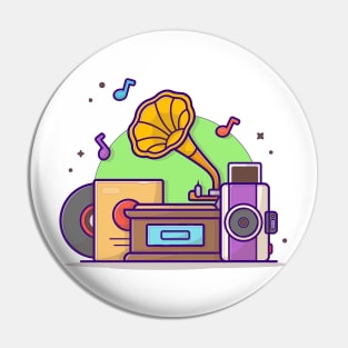 Old Music Player with Gramophone , Camera, and Vinyl Music Cartoon Vector Icon Illustration Pin