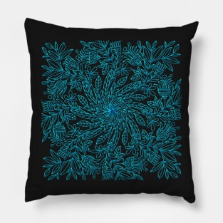 Blue Flowers and Leaves Mandala Pillow