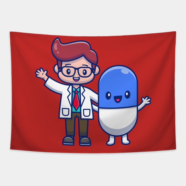 Cute Doctor With Capsule Medicine Cartoon Vector Icon Illustration Tapestry by Catalyst Labs