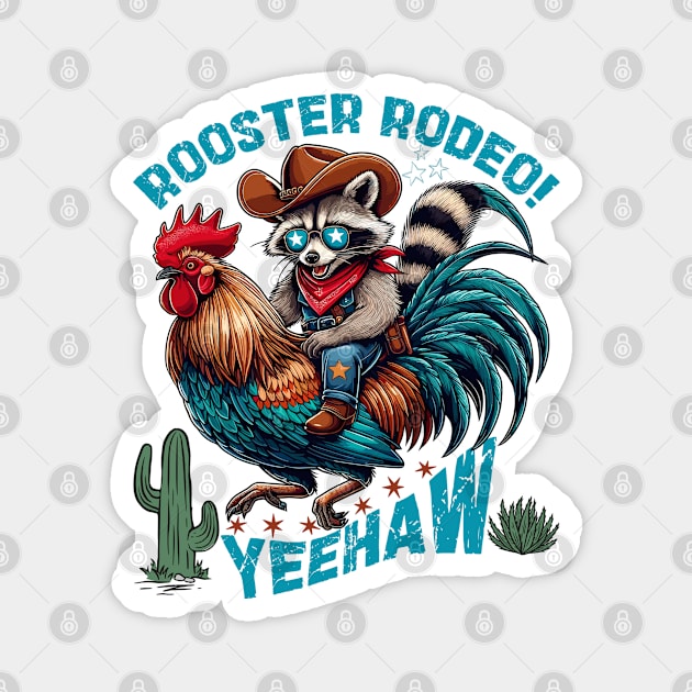 Funny Cowboy Raccoon Riding Rooster Rodeo Western Magnet by JessArty
