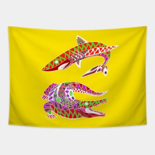 shark and crocodile gator ecopop color floral swamp design art Tapestry